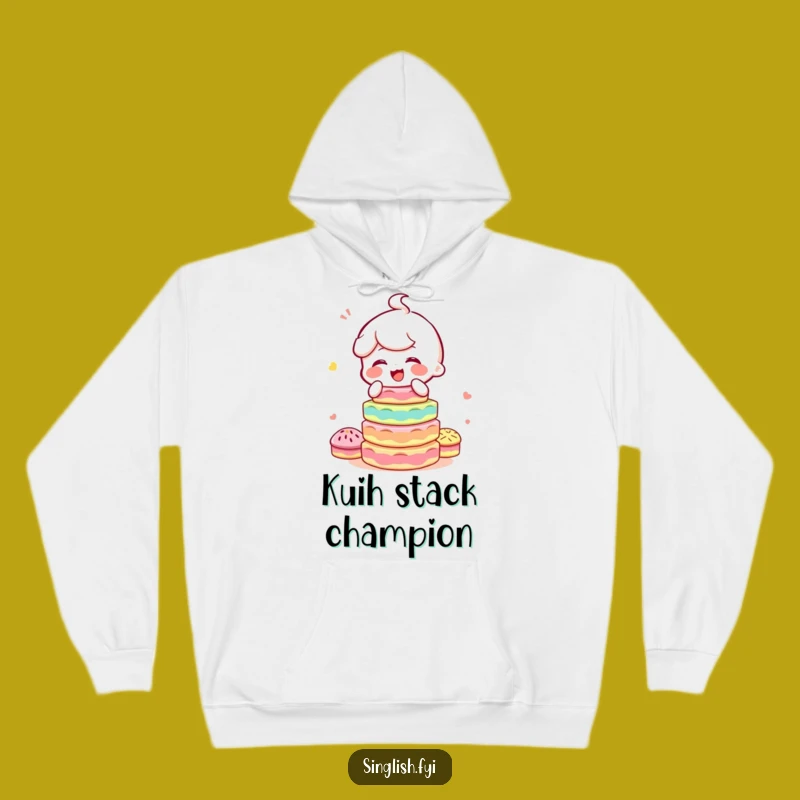 Cozy Funny Kuih Giggling Hoodie: Character Balancing Sweets, Warm and Humorous Gift