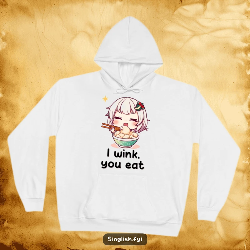 Funny hoodie with a mischievous character winking enthusiastically while holding a forkful of delicious mee goreng noodles, exuding fun.