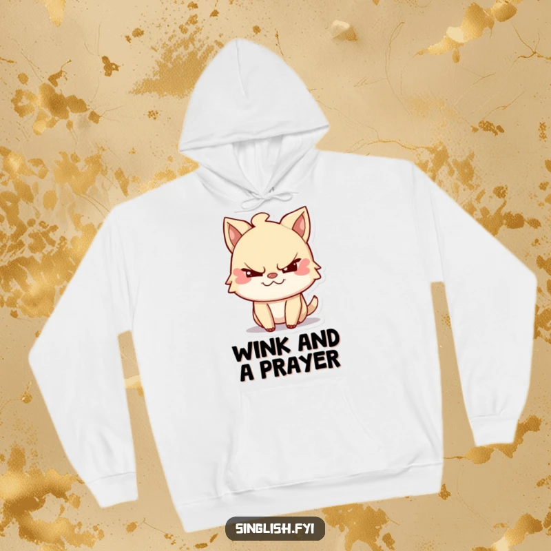 Funny hoodie depicting a mischievous character with a sly grin, executing a playful wink. Cozy and humorous apparel for tricksters.