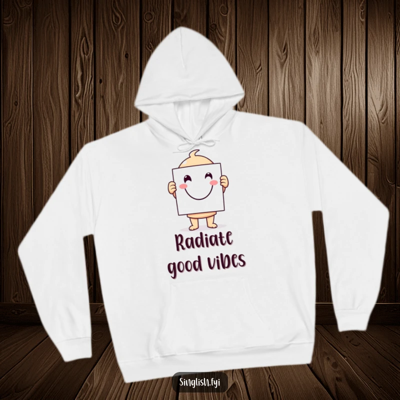 Funny character hoodie holding a massive, happy smiley face sign, offering warmth and a humorous dose of cheerfulness.
