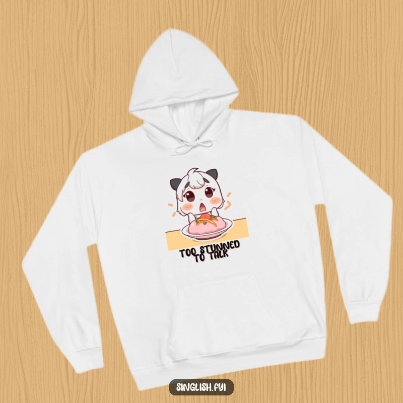 Funny hoodie featuring a surprised character with raised eyebrows, gasping in awe at a tempting dish. Comfortable and humorous food lover wear.