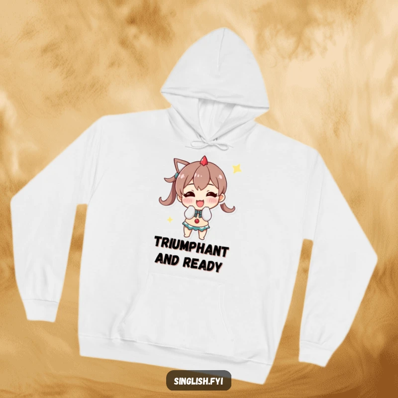 Funny hoodie with a character doing a triumphant bow with a grin, perfect for cozy wear and celebrating wins.