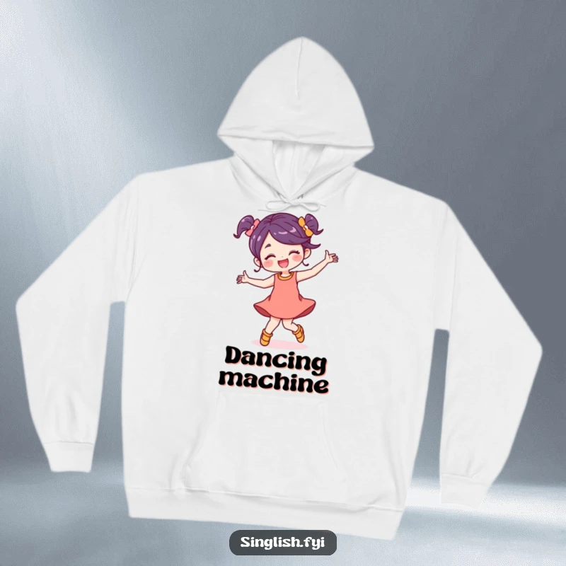 Funny character hoodie dancing energetically with a carefree expression, offering warmth and a humorous celebration of joy.