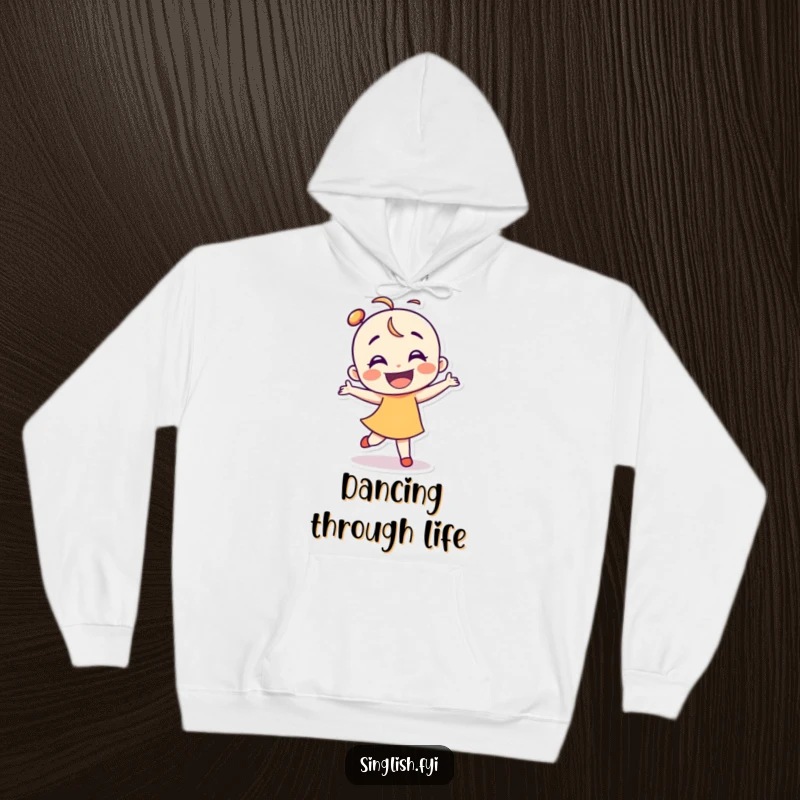 Funny dancer hoodie with a smiling character performing a clumsy, happy dance, ideal for casual comfort.