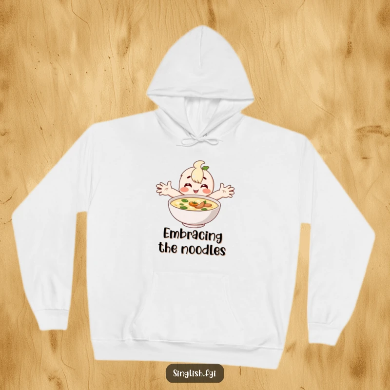 Funny hoodie featuring a happy character embracing a bowl of laksa, symbolizing comfort food and pure happiness.