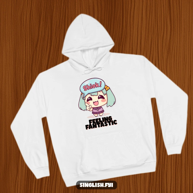 Funny Hoodie shows a cute happy character excitedly pointing at a 'Shiok!' bubble, perfect for spreading warmth and cheer.