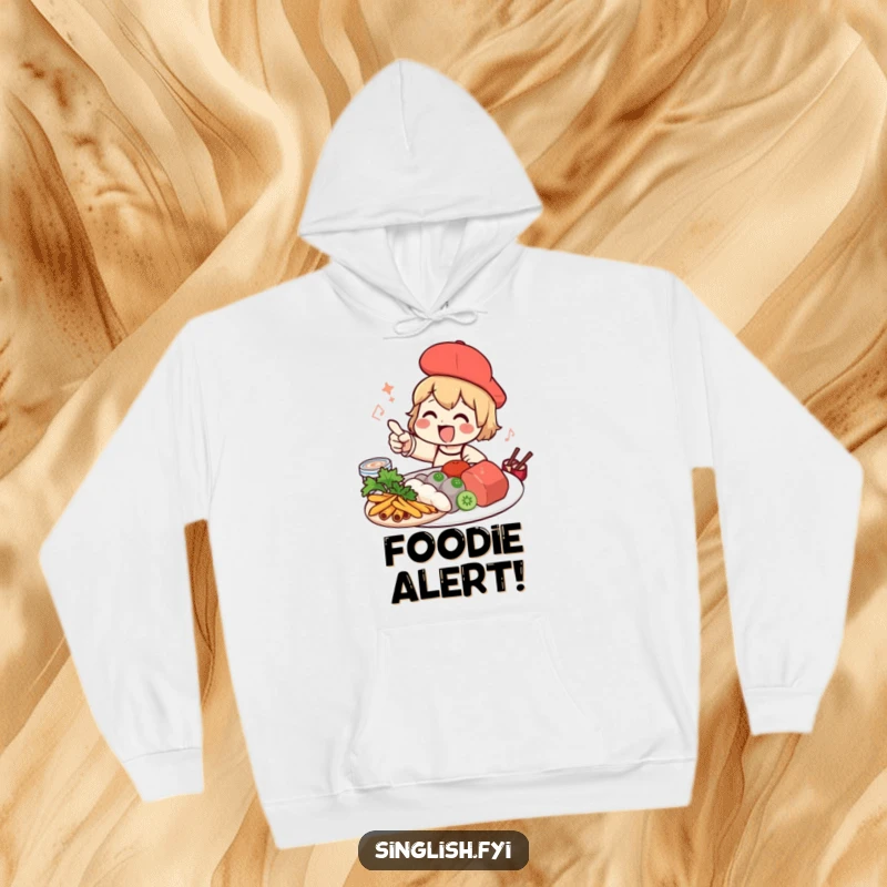 Funny foodie character hoodie showing excitement for local food, ideal for chefs and food enthusiasts.