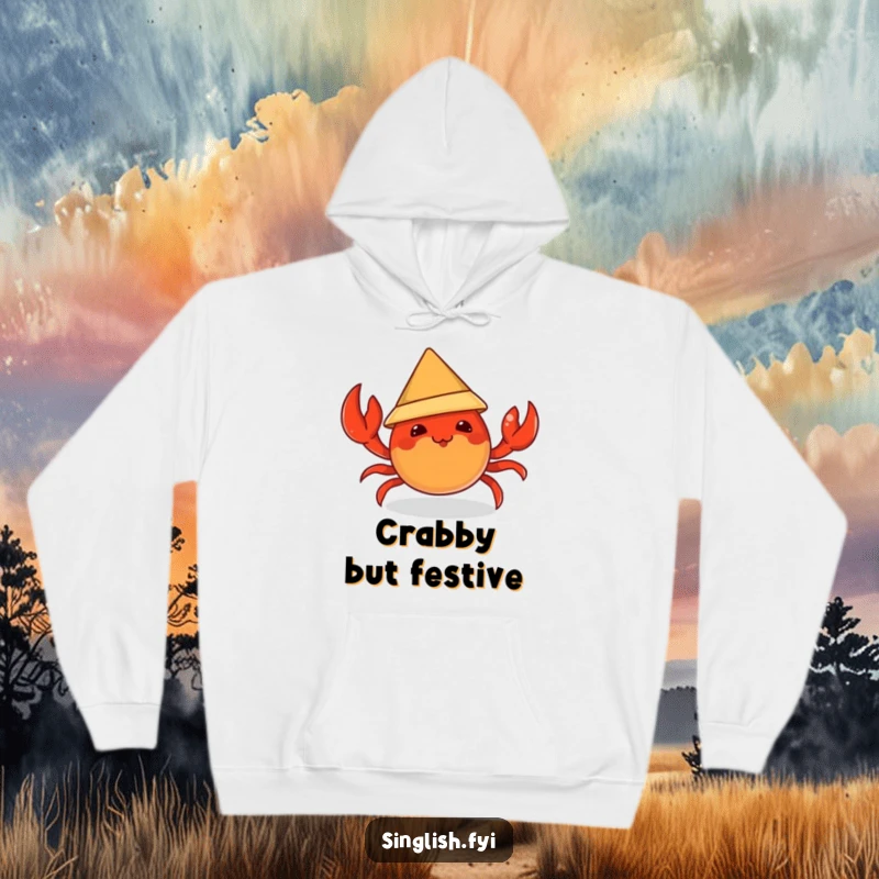 Funny hoodie showing a mischievous chili crab character attempting to wear a tiny conical hat, offering cozy and humorous comfort.
