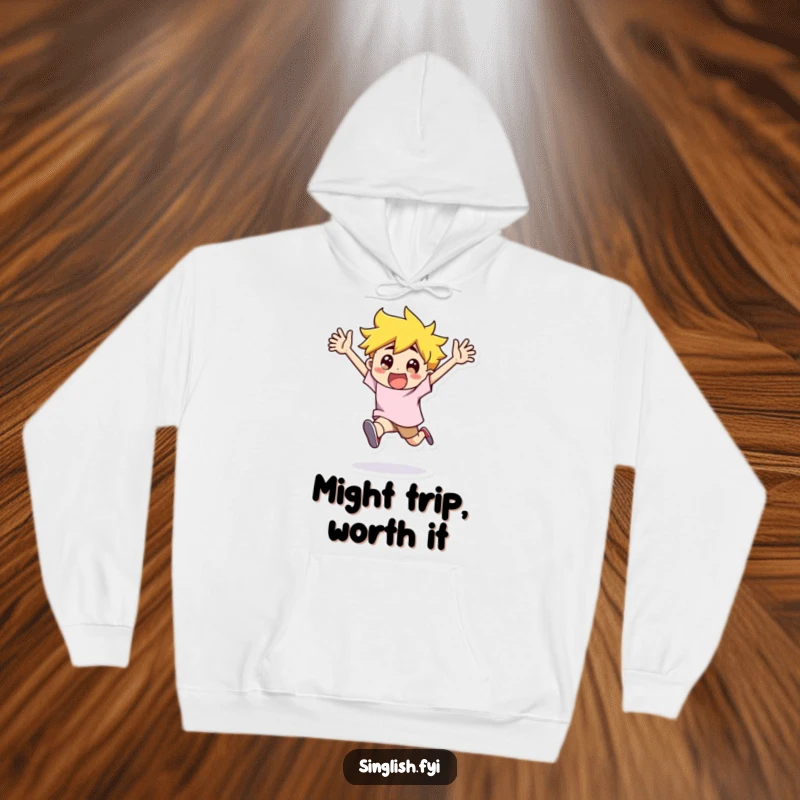 Funny Hoodie: A character runs with arms flailing in exaggerated excitement, providing a warm, humorous, and energetic vibe.