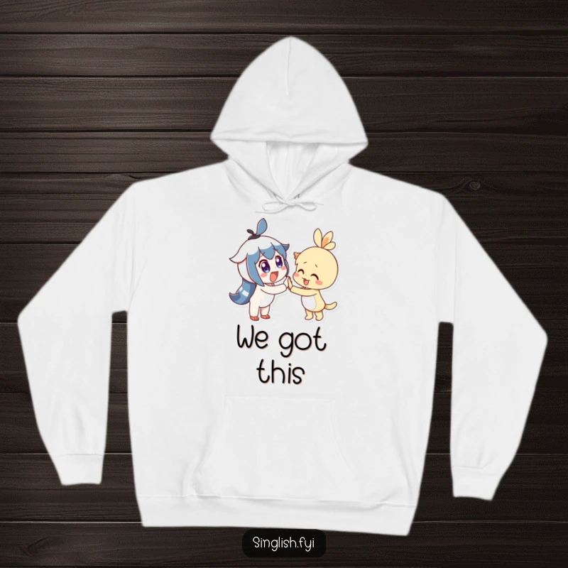 Funny Hoodie shows two delighted characters with wide eyes joyfully high-fiving, perfect for spreading warmth and camaraderie.