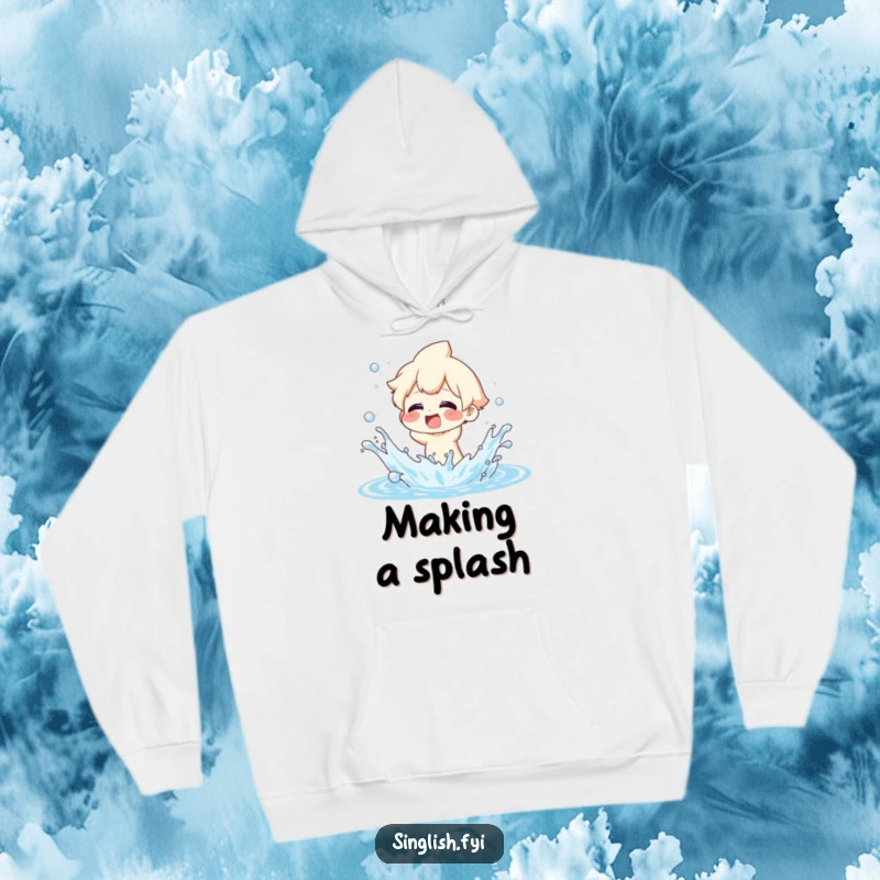 Funny Hoodie: Character gleefully splashing water with exaggerated joy, a cozy and humorous addition to your wardrobe.