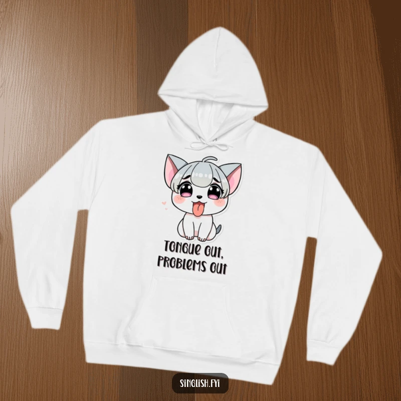 Funny Tongue Out Hoodie: A character playfully sticking its tongue out, offering cozy comfort and cheeky humor.