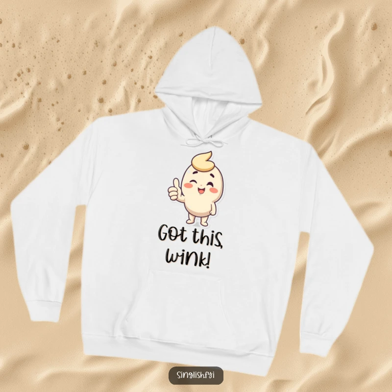 Funny Thumbs Up Wink Hoodie featuring a happy character’s optimistic thumbs up and wink, offering warmth and humorous encouragement.