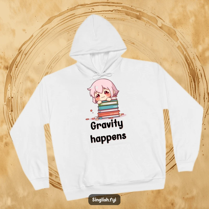 Funny Book Knockover Hoodie: A comfortable hoodie featuring a sheepish character looking guilty next to fallen books, perfect for cozy humor.
