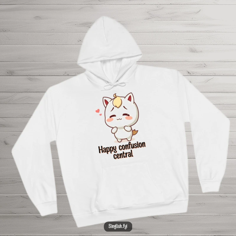 Funny hoodie depicting a character shrugging with a happy yet confused look, perfect for cozy and humorous wear.
