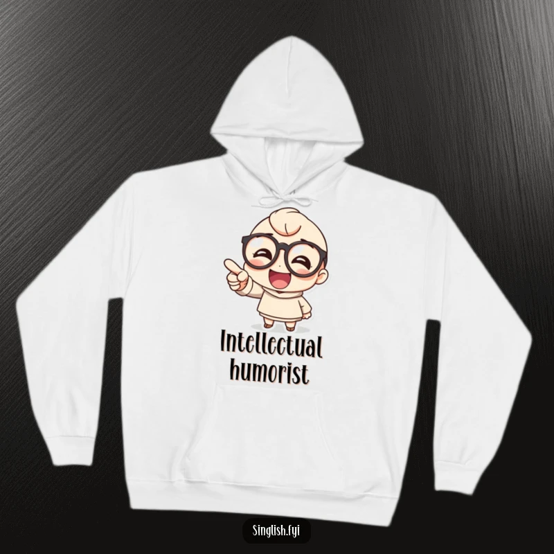 Funny hoodie showcases a cute character with large round glasses pointing and laughing heartily, perfect for warm, funny moments.