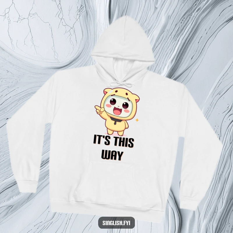 Funny hoodie with a cute character pointing enthusiastically, suggesting a secret or exciting discovery, offering warmth and humor.