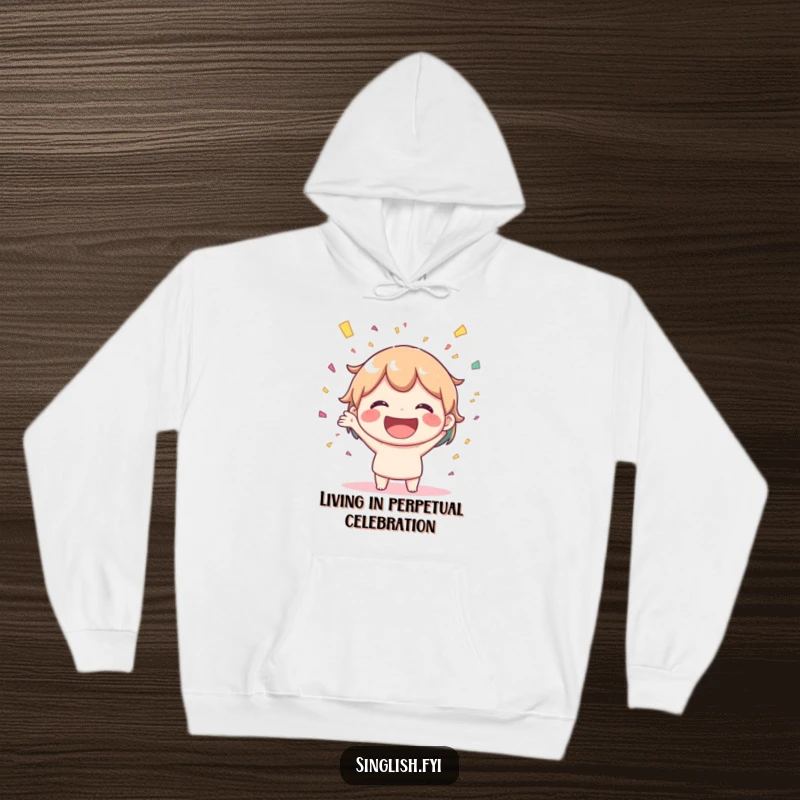 Funny hoodie showcasing a joyful character with a wide smile, joyfully tossing confetti. Comfortable and humorous celebration wear.