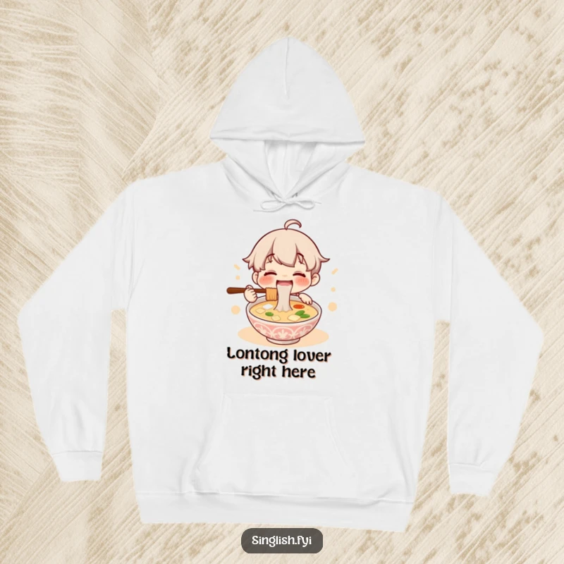 Funny hoodie showcasing a content character with closed eyes, happily slurping a delicious bowl of lontong soup, perfect for chilly days.