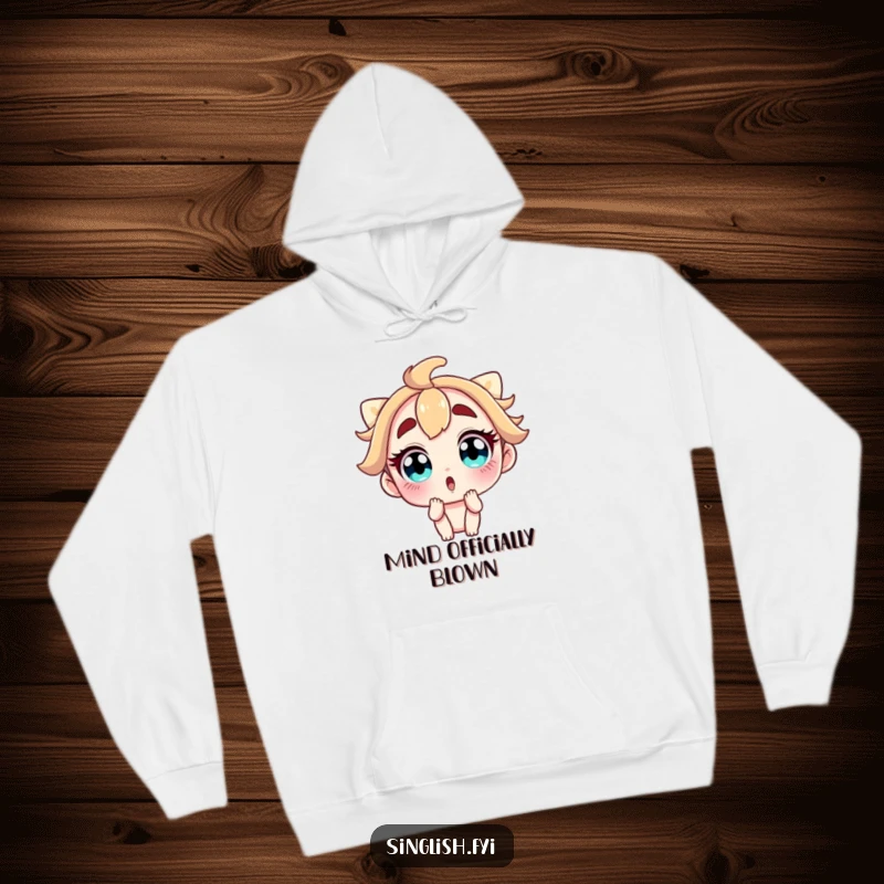 Funny hoodie featuring a cartoon character with wide, surprised eyes and raised eyebrows, perfect for expressing comical shock in cozy comfort.