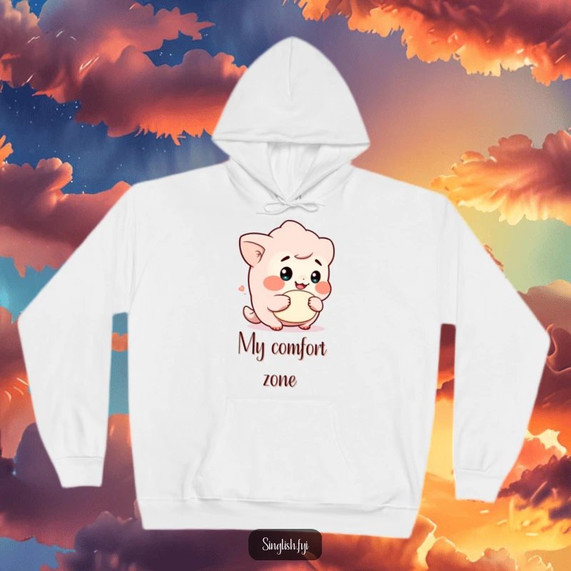 Funny hoodie with a cute character's cheeky grin holding a lah, offering warmth, comfort, and a touch of playful humor.