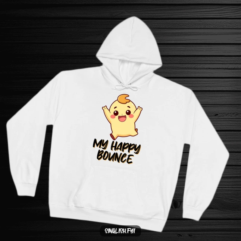 Funny Playful Jump Hoodie: A cozy hoodie depicting a character performing a playful jump with an enormous smile, embodying pure happiness.