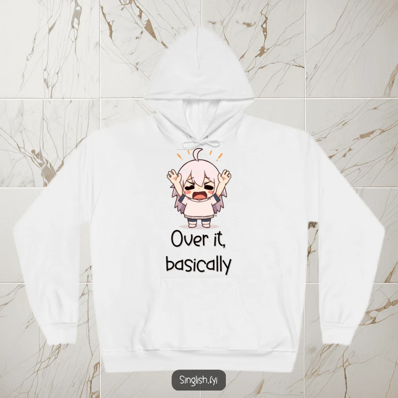 Funny hoodie showing a character exclaiming frustration with dramatic hand gestures, offering warm, humorous comfort and style.