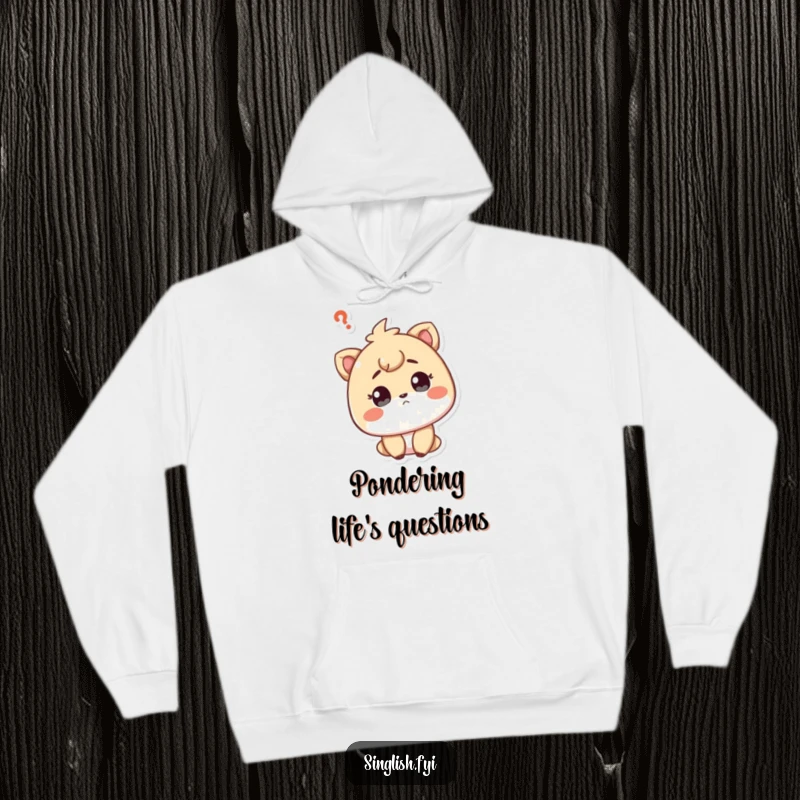 Funny hoodie showcasing a curious character tilting their head with a questioning expression, inviting contemplation.