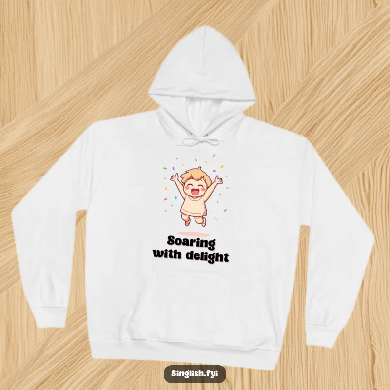 Funny Celebration Hoodie: A character jumps with glee, tossing confetti a cozy and funny way to celebrate.