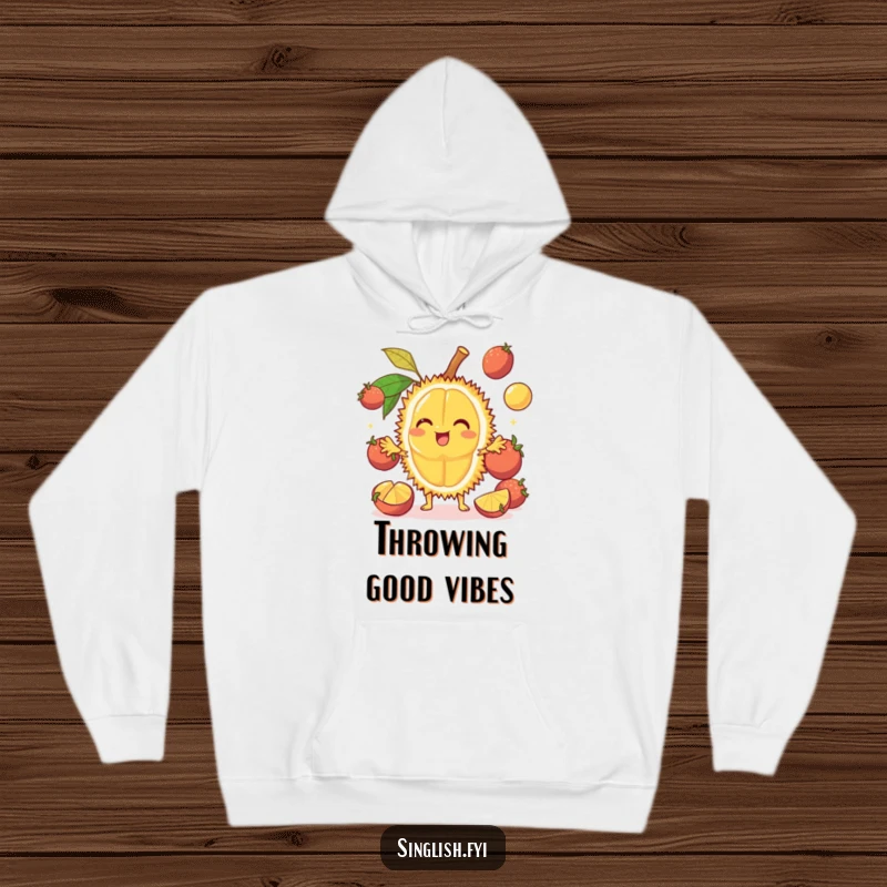 Funny Durian Hoodie: A smiling fruit character juggles mangosteens, bringing funny tropical charm, great funny gift.