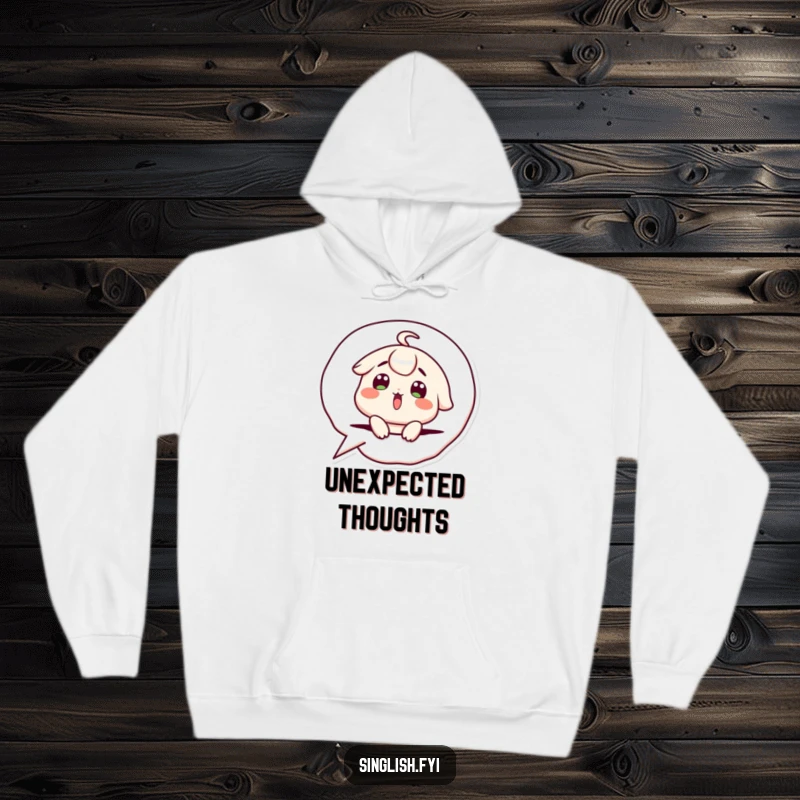 Funny Hoodie: Cute character with a surprised expression popping out of a speech bubble, cozy and hilariously expressive.