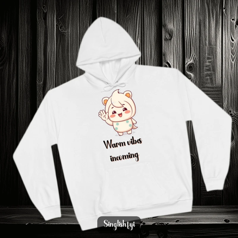 Funny hoodie with a character waving hello with a warm, inviting smile, perfect for cozy and friendly wear.