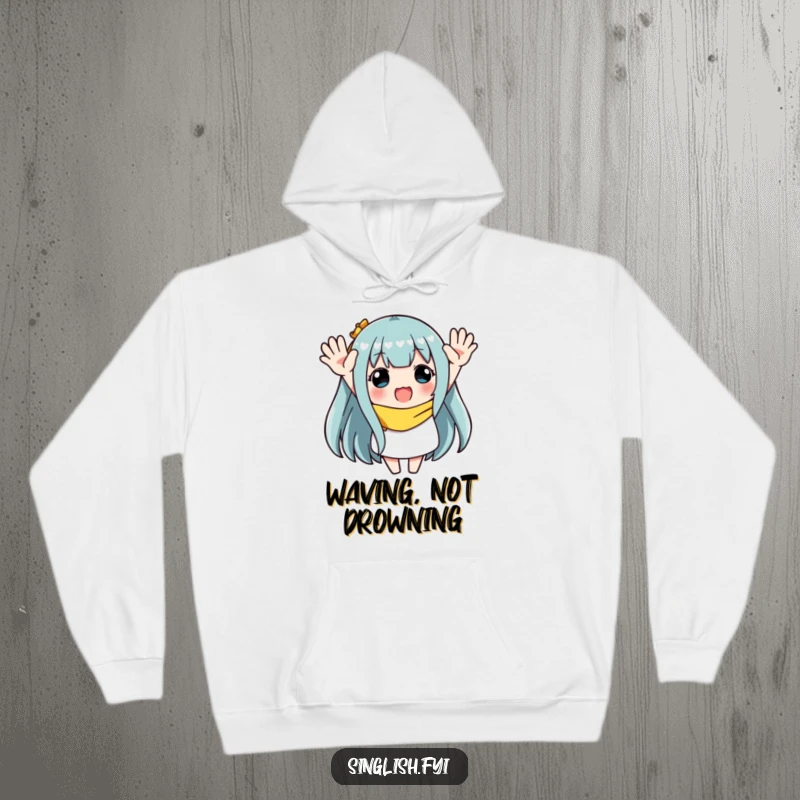 Funny hoodie with a character enthusiastically waving both hands, offering cozy comfort and a festive, joyful atmosphere.