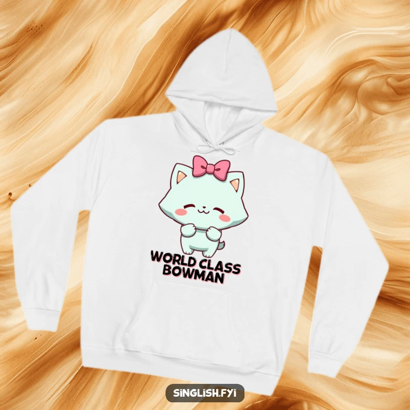 Funny Hoodie: Cozy character in a mock bow with a cheeky grin, showcasing playful confidence and humor. Great funny gift.