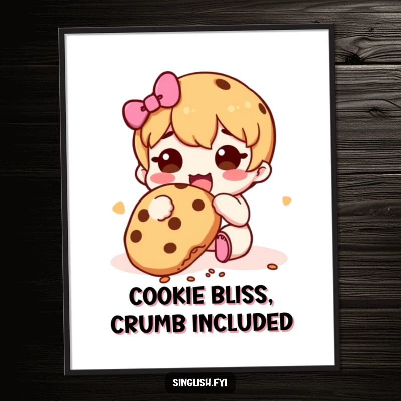 Funny Free Printable Wall Art: Adorable character happily devouring a cookie with crumbs falling, a humorous appetite-themed art.
