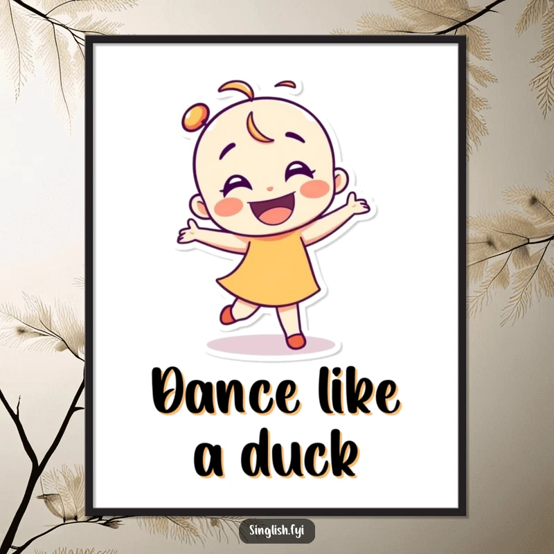 Funny Free Printable Shelduck Wall Art, character smiling and doing a clumsy, happy dance, energetic downloadable artwork.