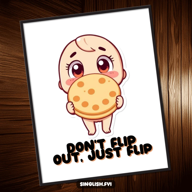 Funny Free Printable Wall Art: Character with wide eyes, utterly captivated by a single roti prata. Hilarious downloadable art.