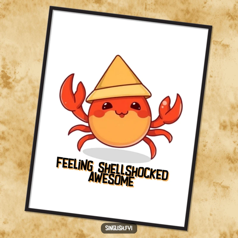 Funny Free Printable Wall Art: Mischievous chili crab character attempting to wear a tiny conical hat, playful and humorous decor.