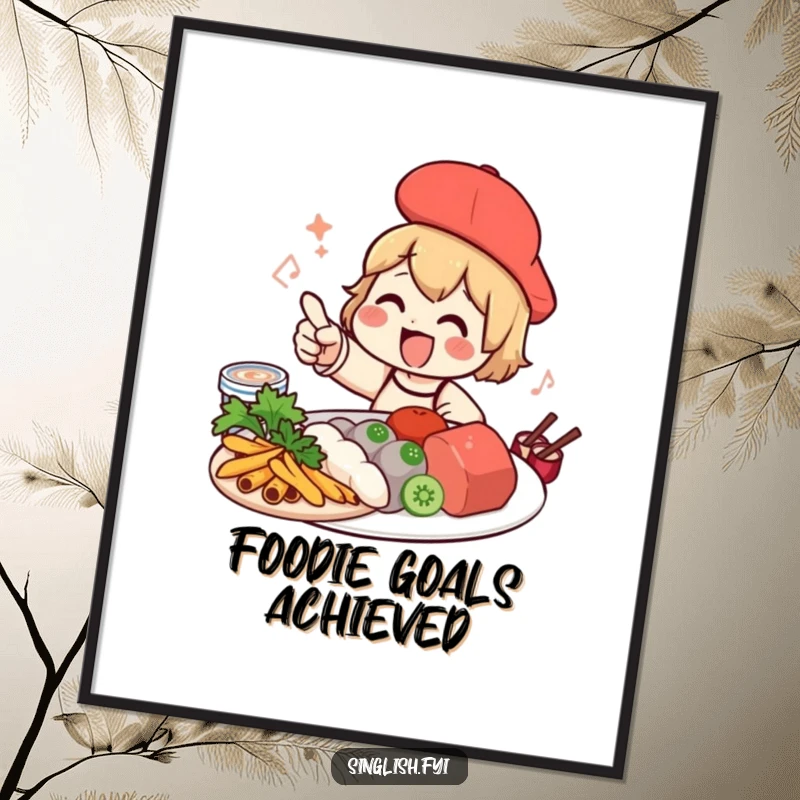 Funny Free Printable Shelduck Wall Art, character excitedly pointing at delicious local food, vibrant downloadable kitchen decor.