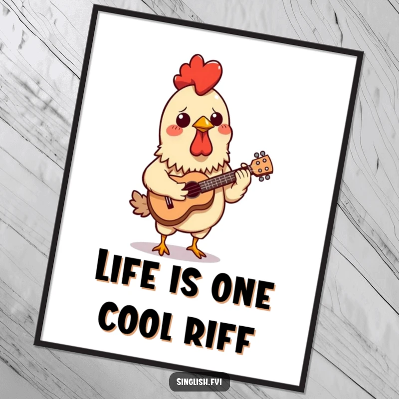 Funny Free Printable Wall Art: A confused chicken satay skewer attempting to play a miniature ukulele, delightfully quirky decor.