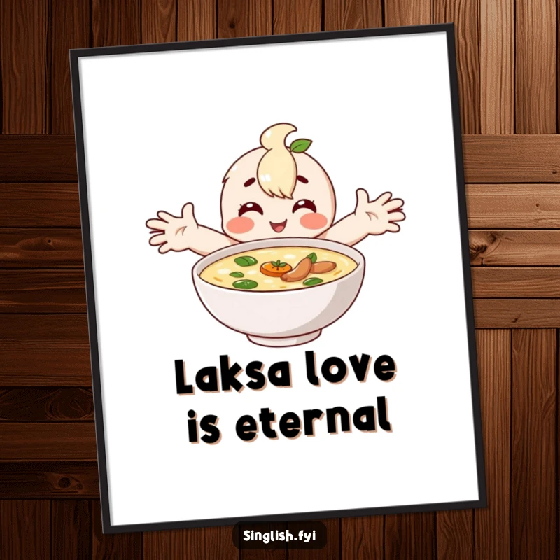 Funny Free Printable Laksa Wall Art: A happy character embracing a large bowl of laksa, radiating warmth and comfort.