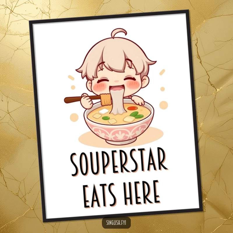Funny free printable wall art showing a character gleefully slurping a giant bowl of lontong soup, a delightful kitchen decor piece.