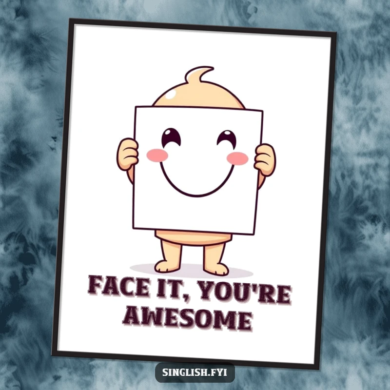 Funny Free Printable Wall Art: A character holds a sign featuring a huge, beaming smiley face, spreading cheer.