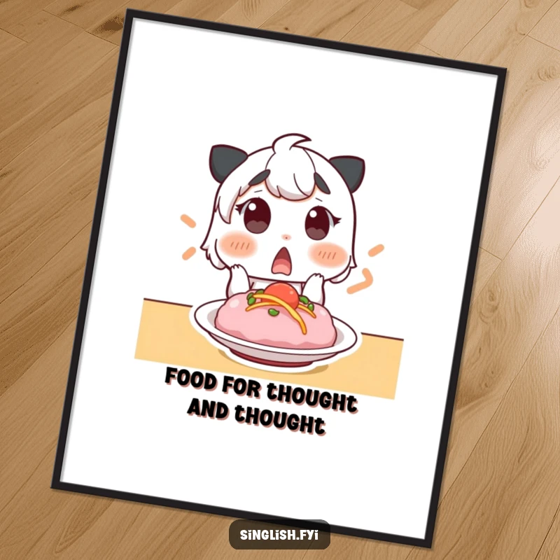 Funny Free Printable Wall Art of a surprised character with raised eyebrows gasping at a delicious dish, ideal for a humorous kitchen accent.