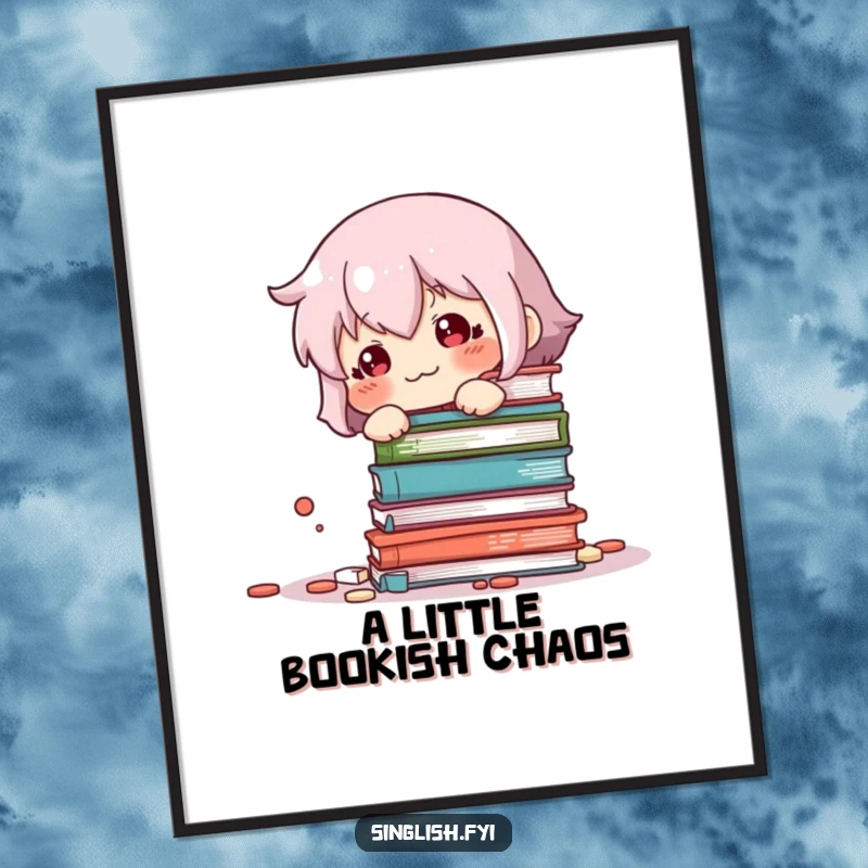 Funny Free Printable Wall Art: Sheepish character looking mortified after knocking over a tall stack of books, a funny scene.