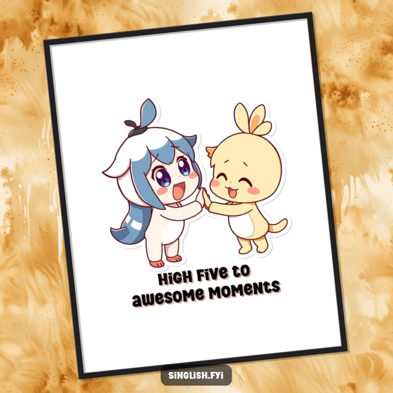 Funny Free Printable Wall Art: A delighted character with wide eyes joyfully high-fives another character, a moment of connection.