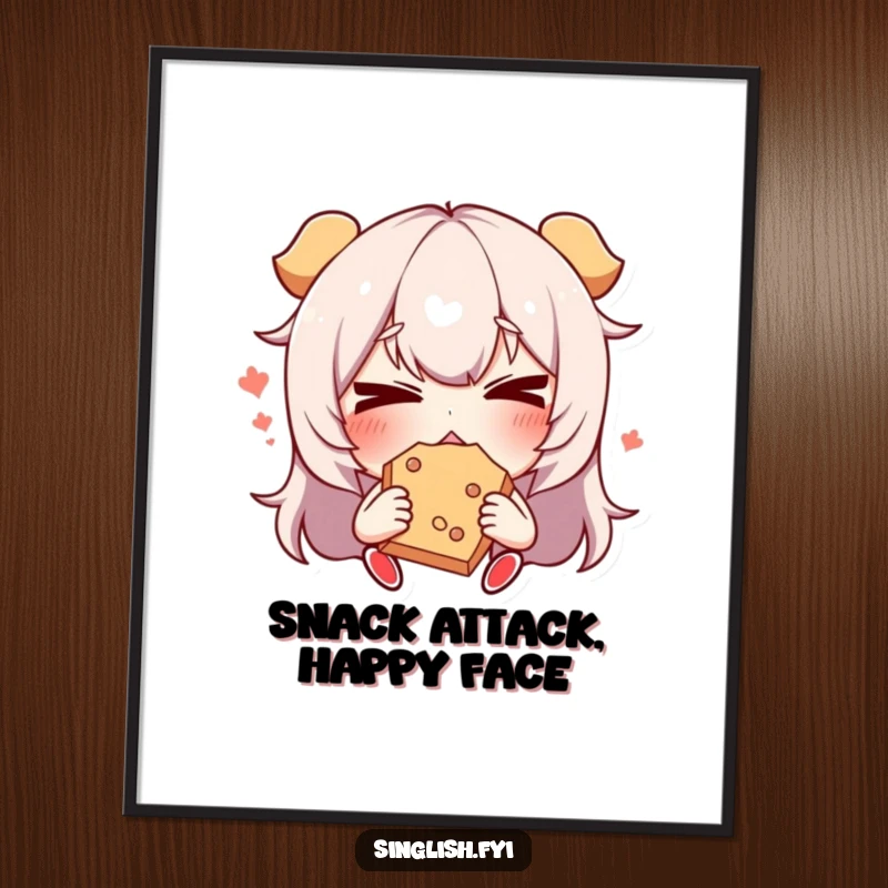 Funny Free Printable Wall Art: A character with a hilariously distorted face, mid-bite into a snack, conveying pure enjoyment.