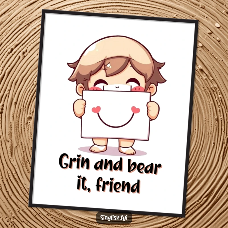 Funny Free Printable Wall Art: A character with a huge grin holds up a sign with a smiley face, radiating cheer.