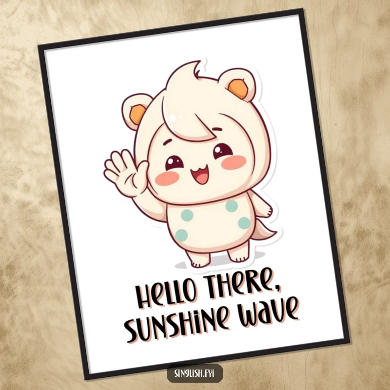 Funny Free Printable Wall Art: Character waves with a warm, inviting smile, creating a friendly and cheerful atmosphere.