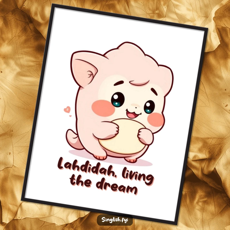 Funny free printable wall art: a cute character with a mischievous grin holding a lah, bringing playful energy to any room.